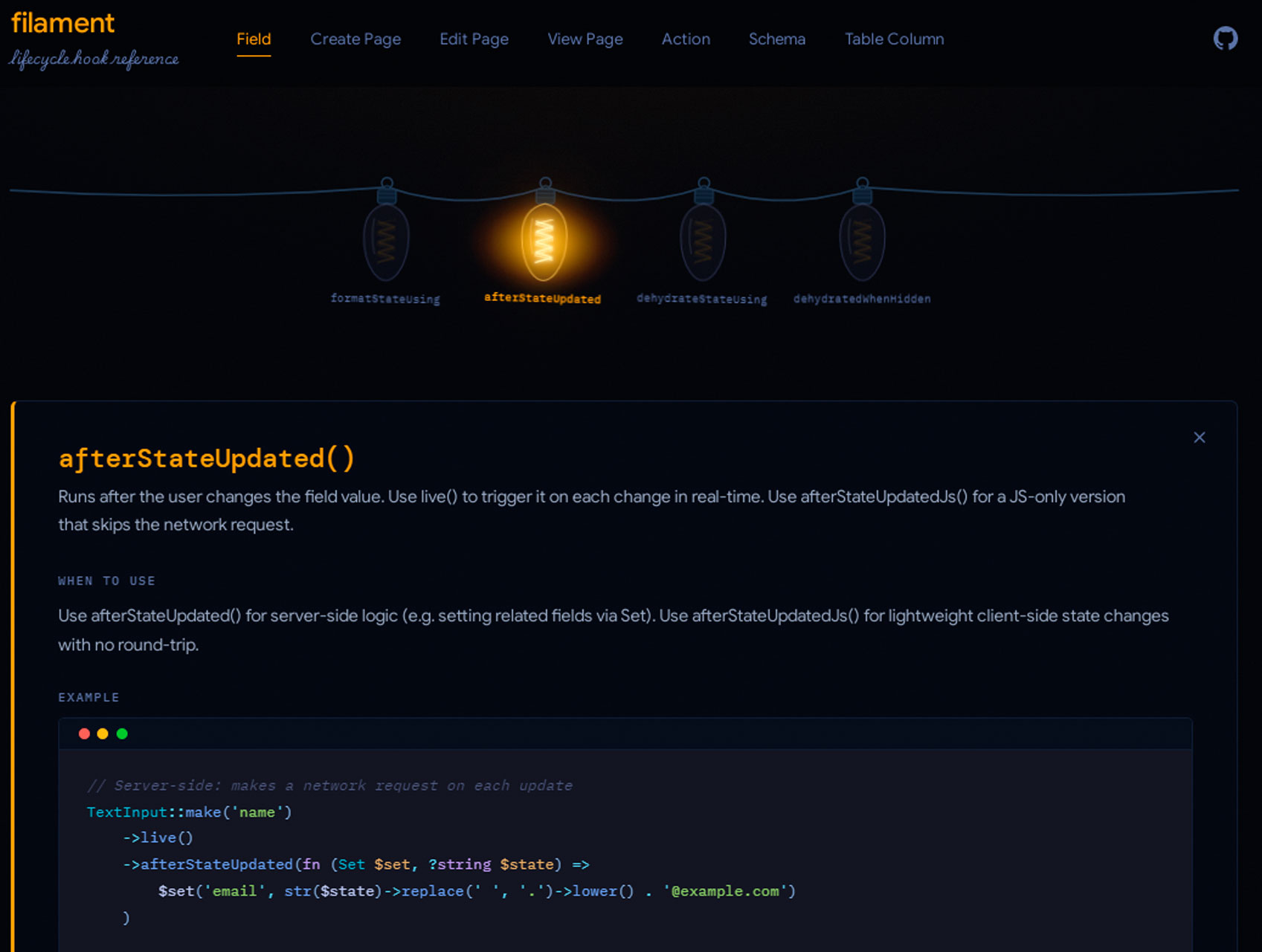 Filament Hooks Reference screenshot